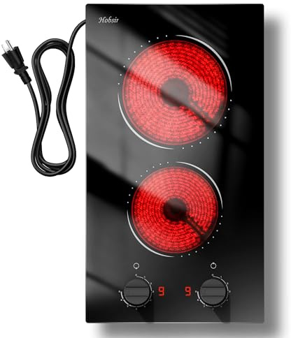 Hobsir 2 Burner Electric Cooktop 110v, Plug in Electric Stove Top, 2000W Electrical Stove Top Burner, 12 Inch Countertop & Built-in Ceramic Cooktop, Knob Control, 9 Power Level