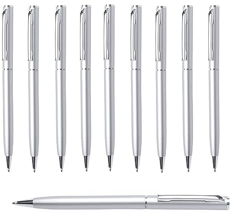 noTrash2003 10er Set Metall-Kugelschreiber Aluminium schlanke Form, eleganter Drehkugelschreiber für Büro und Arbeitsplatz Silber Gold Schwarz Weiss Gelb Blau Rot Orange Pink Grün (Silber)