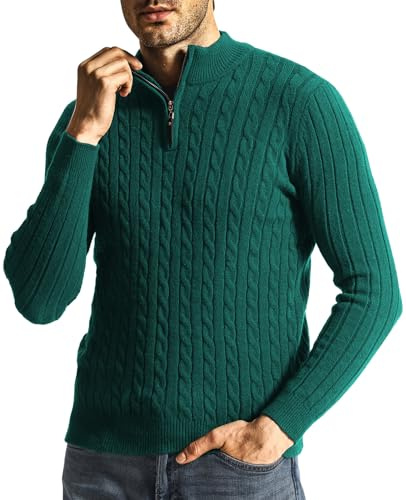 Superora Långärmad herrtröja stickad halv dragkedja pullover stående krage varm tröja för vintern, gRÖN, XL