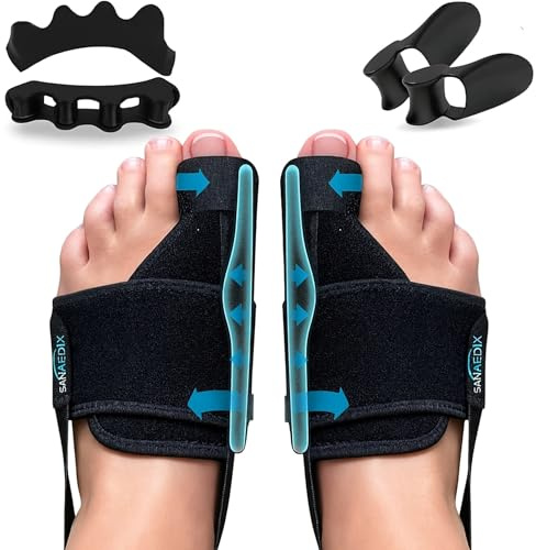 Sanmedix Hallux Valgus Korrektur Schiene Set mit 2x Zehenspreizer, 2x Zehentrenner aus Silikon und 2x Nachtschienen – Tag und Nacht Bandagen für Damen und Herren, Universalgröße, BPA frei