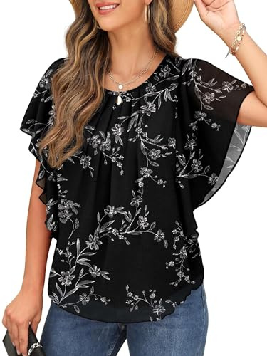 QIXING chiffong kortärmad blus damer sommar topp damer elegant rund hals fladdermusärm tunika, 11 vita blad svart, M