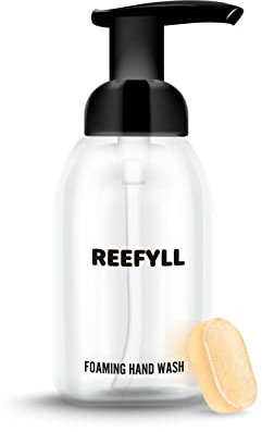 Reefyll Distributeur de Savon moussant avec Flacon Rechargeable 250 ML et Tablette de Savon pour Les Mains x1 Savon Mousse au Parfum d'orange juteuse et de Noix de Coco Tropicale Pack Duo