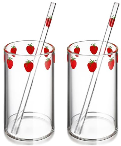 PACKOVE Bicchiere in vetro alla fragola, con cannuccia, motivo fragola, per caffè latte