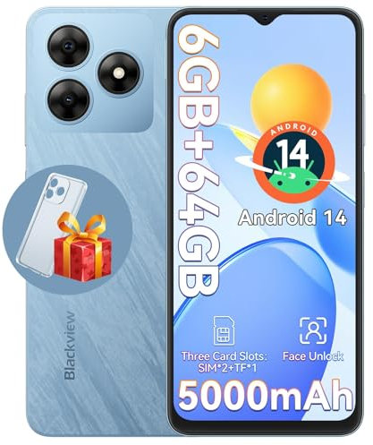 Blackview Phone, Wave 8C Mobile Phones Android 14, 5000mAh Smart Phone, 6GB+64GB/SD 2TB Expand, 8MP+13MP, 6.56 HD, 4G Dual SIM Free Unlocked, Face Unlocked, GPS, UK Version + 2 Years Warranty, Blue
