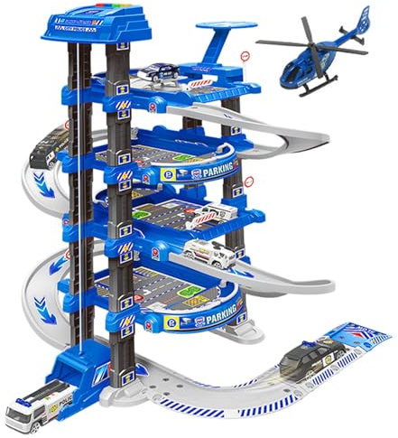 SunaOmni Garaje de Juguete para Coches, 1 Juego, 4 Capas, con temática policial, con helipuerto y Elevador, rampa para Coches de Juguete de fácil Montaje con Lanzador, Pista interactiva para de jug
