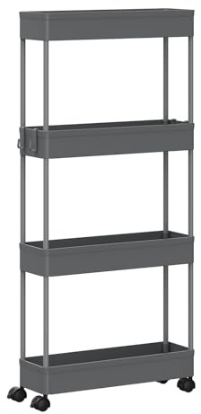 Klihome Servierwagen mit 4 Ebenen, Küchenwagen Nischenwagen Nischenregal mit Rollen, durchbrochendem Design, 4 Haken, Rollwagen für Schlafzimmer Küche Wohnzimmer, 39 x 83,5 x 12,5 cm, Grau