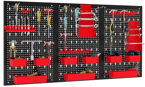 COSTWAY 120 x 60cm Pegboard Organizer Kit, Wall Mounted Tool Rack with 3 Pegboards & Hanging Accessories, Garage Tool Storage Peg Board for DIY Workshop Craft Room (Black + Red, 34 PCS Accessories)