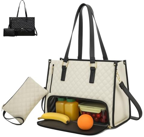 Bolsa de almuerzo 2 en 1 para mujer, combo de bolsas de almuerzo 2 en 1, bolso para laptop de 15.6 pulgadas con compartimento aislado a prueba de fugas, elegante bolsa de trabajo y viaje para oficina