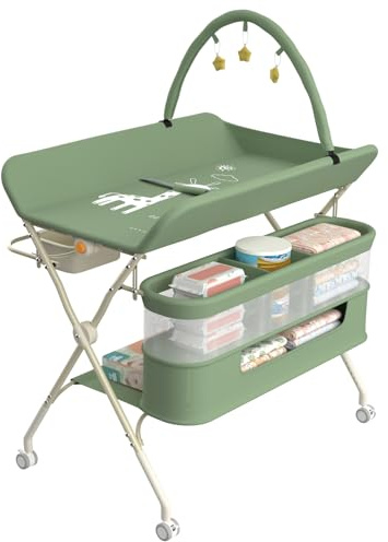 Supfine Table à Langer Pliable, Plan à Langer avec Panier Latéral et Tringle de Suspension, Réglable en Hauteur, avec roulettes Verrouillables et 3 Jouets Étoiles (Vert, 5 en 1)