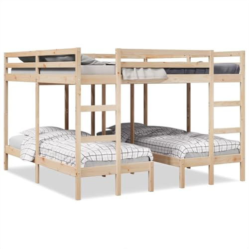 Teenpull Trippelvåningssäng, massivt trä, tall, 205,5 x 207,5 x 144,5 cm, platsbesparande sängram för tre personer, inklusive ribbotten och skydd, naturligt träutseende