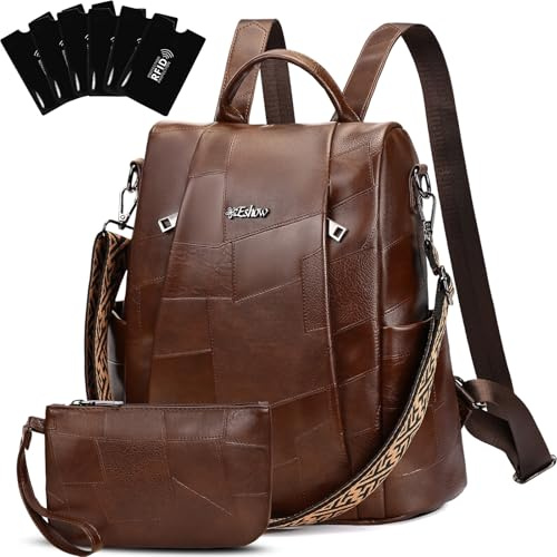 Eshow Petit Sac a Dos Femme Antivol, Sacs à Main Portés Dos Elégant Léger Imperméable PU Cuir, Sacoche Bandoulière avec Étui anti RFID & Pochette pour Voyage Travail Loisirs Université Brun