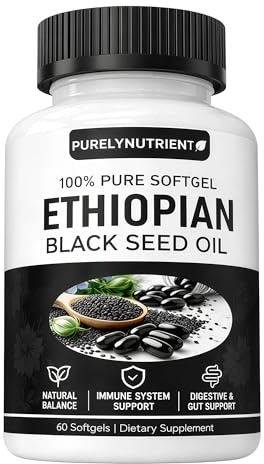 PURELYNUTRIENT Ethiopian Black Seed Oil Softgels | Ethiopian Black Seed Oil Organic Cold Pressed | 4.64% Thymoquinone | Non-GMO, Gluten-Free,60 Capsules