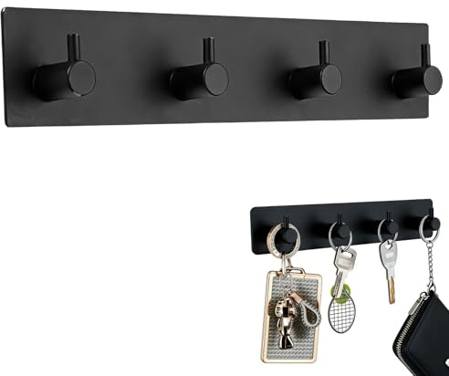 Nyckelbräda vägg svart metall med 4 nyckelkrokar, nyckelhållare vägg modern, nyckellist självhäftande liten utan borrning, nyckelhängare & nyckelhållare för hall entré dörr kök kontor