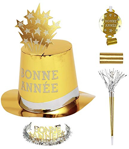 Widmann 8002F- Party-Set Bonne Année, Gold, Set aus 5 Partyhüten, 5 Kronen, 5 Partytrompeten, 5 Tröten und 1 Pack Luftschlangen, Französisch, Silvester, Hut, Kopfschmuck, Accessoire, Mottoparty