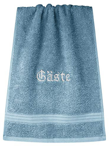 Lashuma Handtuch Blau Bestickt mit Schrift Gäste, 30x50 Linz Gästehandtuch, Farbe: Taubenblau