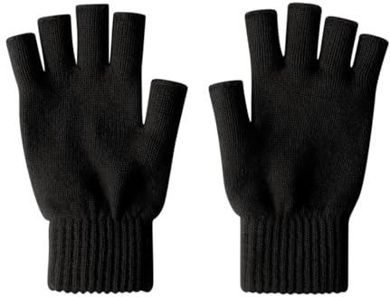 Guanti a mezze dita in pura lana mongola, unisex nero Nero