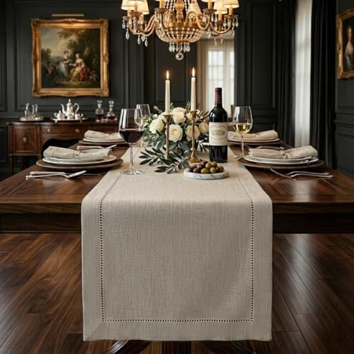 Signature Linen™ by D'Moksha, Natural Table Runner 300 cm Long, 100% Pure Linen, Hemstitch, 35 x 300 cm Table Runner for Dresser, Dining- Fall, Weddings, Outdoor hosting