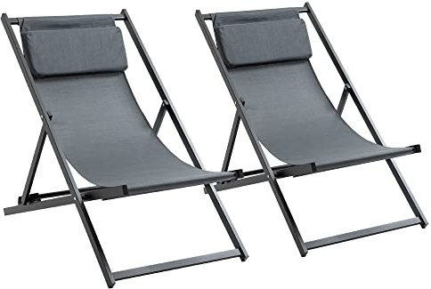 Outsunny Conjunto de 2 Tumbonas Plegables de Aluminio 60x100x85 cm Gris | Tumbonas de Jardín, Respaldo Regulable en 5 Posiciones, Reposacabezas, para Terraza Patio Exterior, Hamacas Jardín