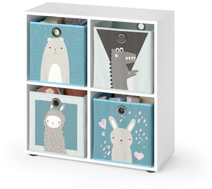 Vicco Kinderregal Tetra, Weiß, 72 x 72.6 cm mit 4 Faltboxen (grau/blau)