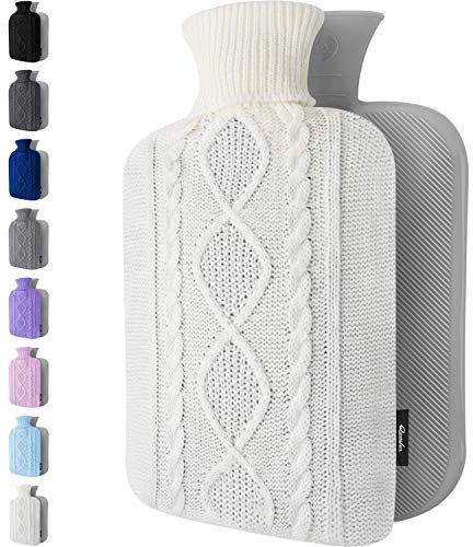 Wärmflasche mit Bezug – Weicher Premium Strickbezug – 1,8l groß Wärmeflasche, Wärmflasche Kinder, Bettflasche für Erwachsene für Kuschelige Nächte und Schmerzlinderung - Gebrochenes Weiß