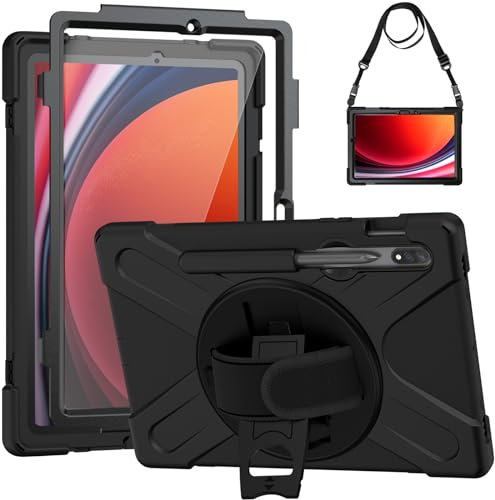Gerutek Hülle für Samsung Galaxy Tab S10 Lite/S10 FE/S9 FE/Tab S9/S8 /S7 10.9/11 Zoll 2025/2023/2022/2020 mit Displayschutz, Stoßfeste Robust Case mit Drehbar Stände Handschlaufe Schultergurt,Schwarz
