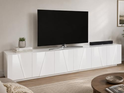 Dmora - Meuble TV Lucas, Buffet bas de salon, Base pour meuble TV, 100% Made in Italy, 244x44h46 cm, Blanc brillant