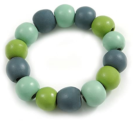 Avalaya Bracelet flexible en grosses perles en bois gris/menthe/vert citron – M/L