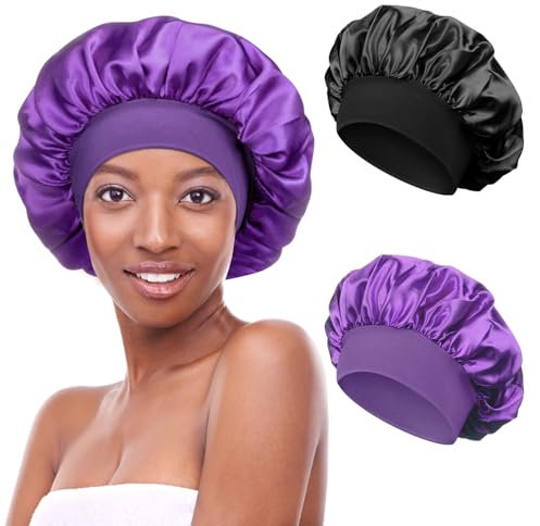 Kiiwah 2 Stück Satin Bonnet Schlafhaube Seide Locken Schlafmütze Verstellbare Schlafkappe Kopfbedeckung Weiche kopfhaube zum Schlafen mit Gummizug für Damen Mädchen(Schwarz, Violett)
