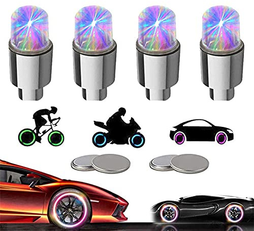 YUERWOVER LED Tire Lights for Car 4 Pack Trucks Valve Stem Caps Bike Golf Cart Firefly Wheel Light Bicycle Motorcycle Tyre Spoke Lamp Waterproof for Kids Boys with 10 Extra Batteries(Colorful)