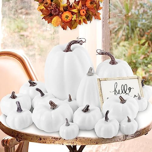 Benjia Decorazioni Della Autunno Zucca all'esterno, Grandi Mini Autunnali Zucche Nero di Zucca Ornamentale Decorazioni Autunnali Decorazioni Autunnali Halloween (Bianco, 16 Pezzi)