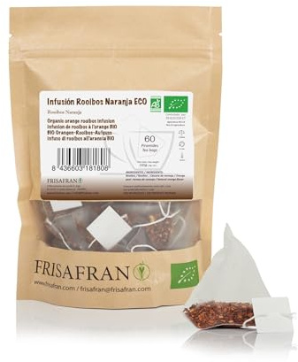 FRISAFRAN | Infusión Rooibos con Naranja Ecológica 60uds | 120g | Relajante | Digestivo | Infusión de Rooibos | Te de rooibos | Infusión Natural | Sabor unico | Hidratante | Nutritiva