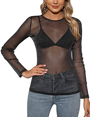 Tuopuda Dam T-shirt Transparent Skjorta Mesh Toppar Blusar Långärmad Mesh Toppar Tunika Blusar Elegant Avslappnad Tröja Sexiga Clubwear Casual, C, S
