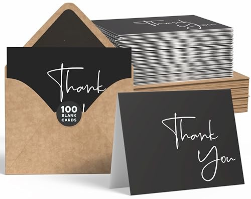 VNS Creations Thank You Cards With Envelopes Bulk Set & Stickers - 100 Pack 4x6 Blank Thank You Notes Bulk Box Set - Large Note Card Small Business, Wedding, Baby Shower & Bridal Shower - Black