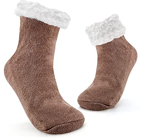 JOMIX Calcetines Antideslizantes Mujer Invierno Cálidos Peluche Largos Calcetines de Color Puro Calcetín por Casa Tamaño 36-42, MD7424, Marrón
