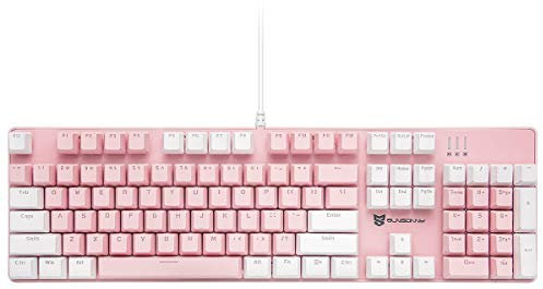 Qisan Tastiera meccanica da gioco, tastiera cablata, retroilluminazione a LED bianco e rosa, 104 tasti, layout americano tastiera da gioco con rimovibile,interruttore blu