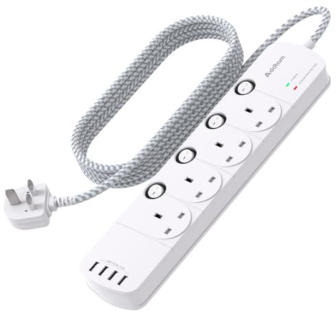 1.8M Extension Lead, 4 Way Socket Outlets Power Strips with 4 USB (2 Type C & 2 USB A), 1050J Surge Protection Multi Plug Extension with Braided Extension Cable for Home, Office, Individually Switched