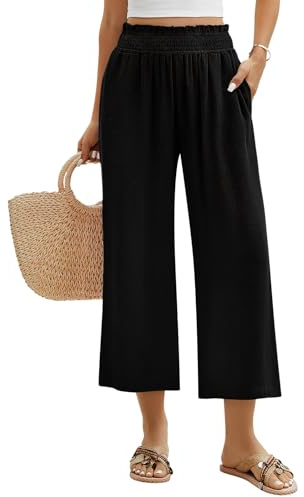 Niwicee Pantalones de Lino y Algodón para Mujer - Palazzo de Pierna Ancha 3/4 Suelto Casual con Cintura Alta Elástica y Bolsillos para Verano