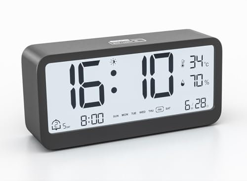 Reloj Despertador Digital a Pilas con Calendario | Temperatura | Humedad | Pantalla LCD | Doble Alarma | Repetición y Retroiluminación Reloj Pequeño de Sobremesa (Negro)