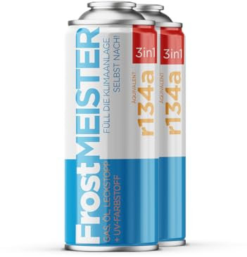FrostMEISTER 3-i-1 – luftkonditionering för bil, 2 x 400 ml – snabbt och enkelt kylmedel/olja/tätningsmedelssystem (R134a 1995–2016)