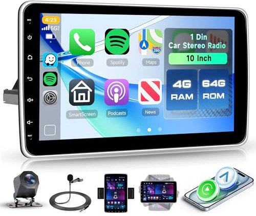 Rimoody 4GB+64GB Android Autoradio 1 Din con Schermo da 10 Rotante - Android 15, Wireless CarPlay/Android Auto, GPS, Mirror Link, Bluetooth, FM/RDS, WiFi Controllo al Volante Telecamera Retro