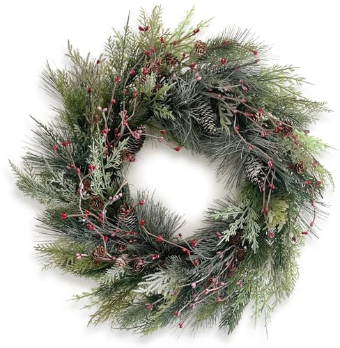 24 Green Winter Wreath, Artificial Pine Cone & Holly Front Door Wreath for Christmas Farmhouse Indoor Outdoor Decor