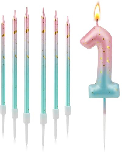 MaoNativey 7 Piezas Velas de Cumpleaños Número 1, 3D Números para Tarta con Efecto Degradado Azul Rosa - Decoración para Fiestas de Aniversario, Graduación o Festival
