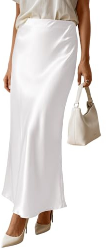LORJIO Women's Satin Maxi Skirts 2026 Spring High Waisted Flowy Long Silk A Line Elegant Formal Flared Fishtail Skirt Business Casual Outfits White S
