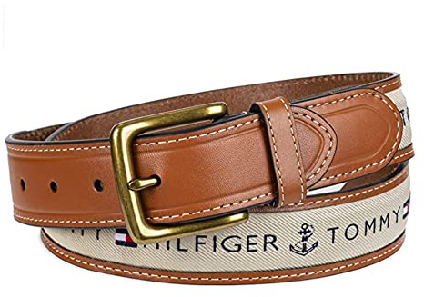 Tommy Hilfiger Men's Leather Casual Belt with Fabric Inlay, 40, Tan with Khaki Inlay