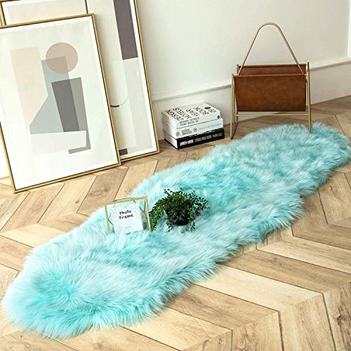 Ashler Kunstfellvorleger, flauschiger zotteliger Teppich, ultraweich, 60 x 180 m, türkis, maschinenwaschbar, Zottelteppich, Kinderzimmer-Deko, Überwurf für Schlafzimmer, Kinderzimmer, Wohnzimmer