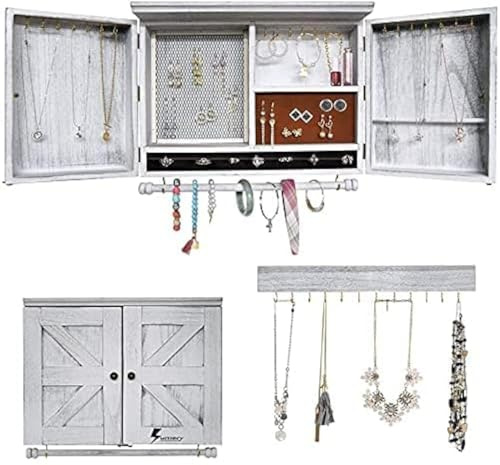 GLANT Rustic Wall Mounted Jewelry Organizer with Wooden Barndoor Decor,Wooden Wall Mount Holder,Jewelry holder for Necklaces, Earings, Bracelets, Ring Holder. Includes matching hook organizer