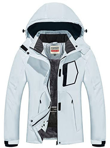 WULFUL Wasserdichte Schnee-Skijacke für Damen, Berg, winddicht, Wintermantel mit abnehmbarer Kapuze, Hellgrau, M