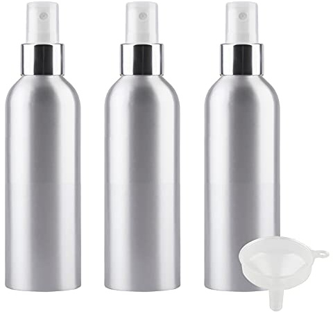 TIANZD 3 Pièces Portable Vide Flacon Aluminium 200 ml avec Bouchon Pompe Spray Blanc/Argent Vaporisateur Bouteille pour l'eau Parfum Cosmétique Cheveux Voyage Rechargeable, 1 Pièce Entonnoir