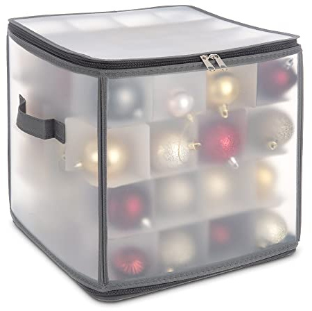 Christmas Village Bauble and Decoration Storage Cube with Padded Dividers for 64 Xmas Ornaments – Heavy Duty Folding 4 Layer Holder with Separators, Zipped Lid and Handles (Grey)