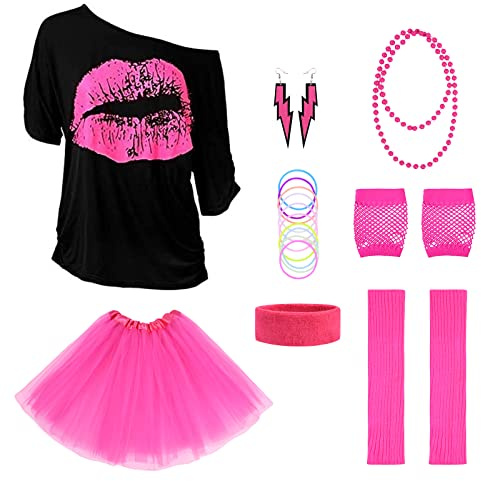 Aomig Costume Anni '80, 8 Pezzi Abbigliamento Anni '80 Aet da Donna, Adulti Anni '80 Donne Accessori, Set di Costumi Anni '80 per Festa a Tema Carnevale Halloween Natale & Cosplay(XXXL)